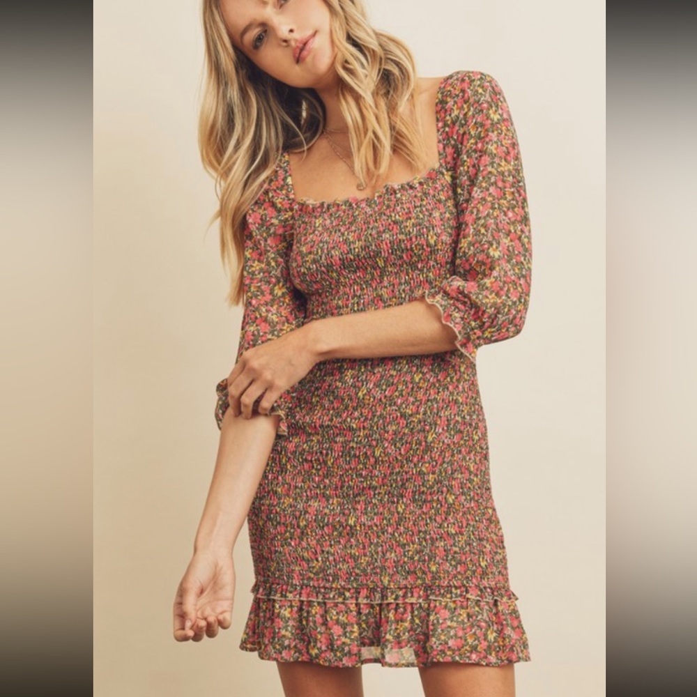 Smocked bodice floral mini dress